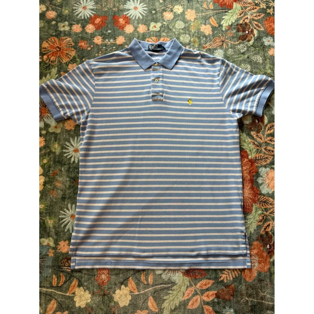 Polo Ralph Lauren Mens Blue White Striped Cotton Pique Polo‎ Shirt Large